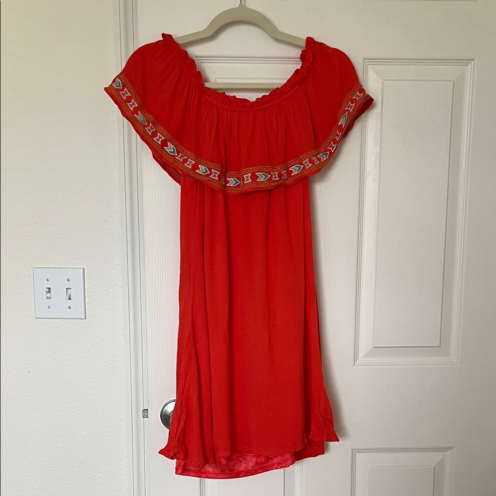 Orange Off-Shoulder Dress with Embroidered Trim, Size Small